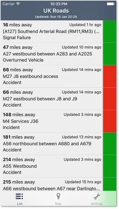 UK Roads iOS Traffic App List Screen